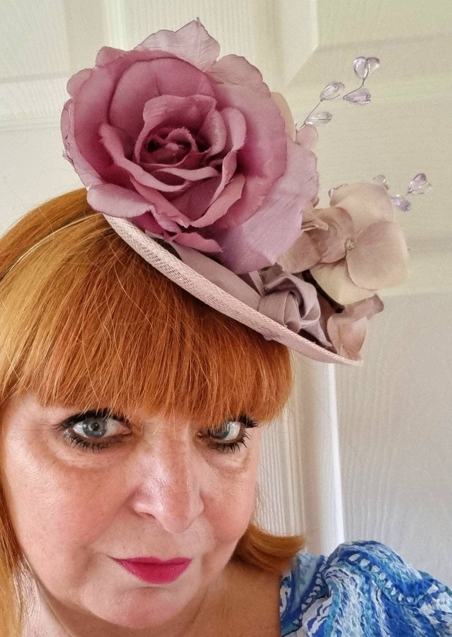 Pink lilac mauve flower hat gems band sinamay fascinator. races weddings Christening hatinator headpiece womens