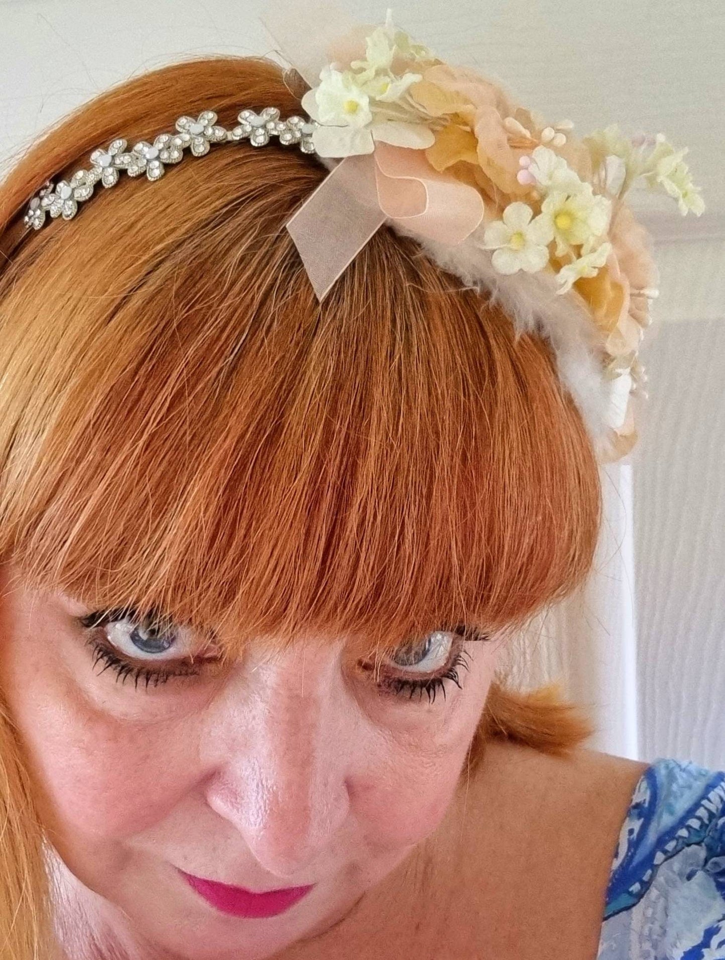 Peach ivory bride flower headpiece feather band Vintage style wedding boho prom bridesmaid christening hat races fascinator womens