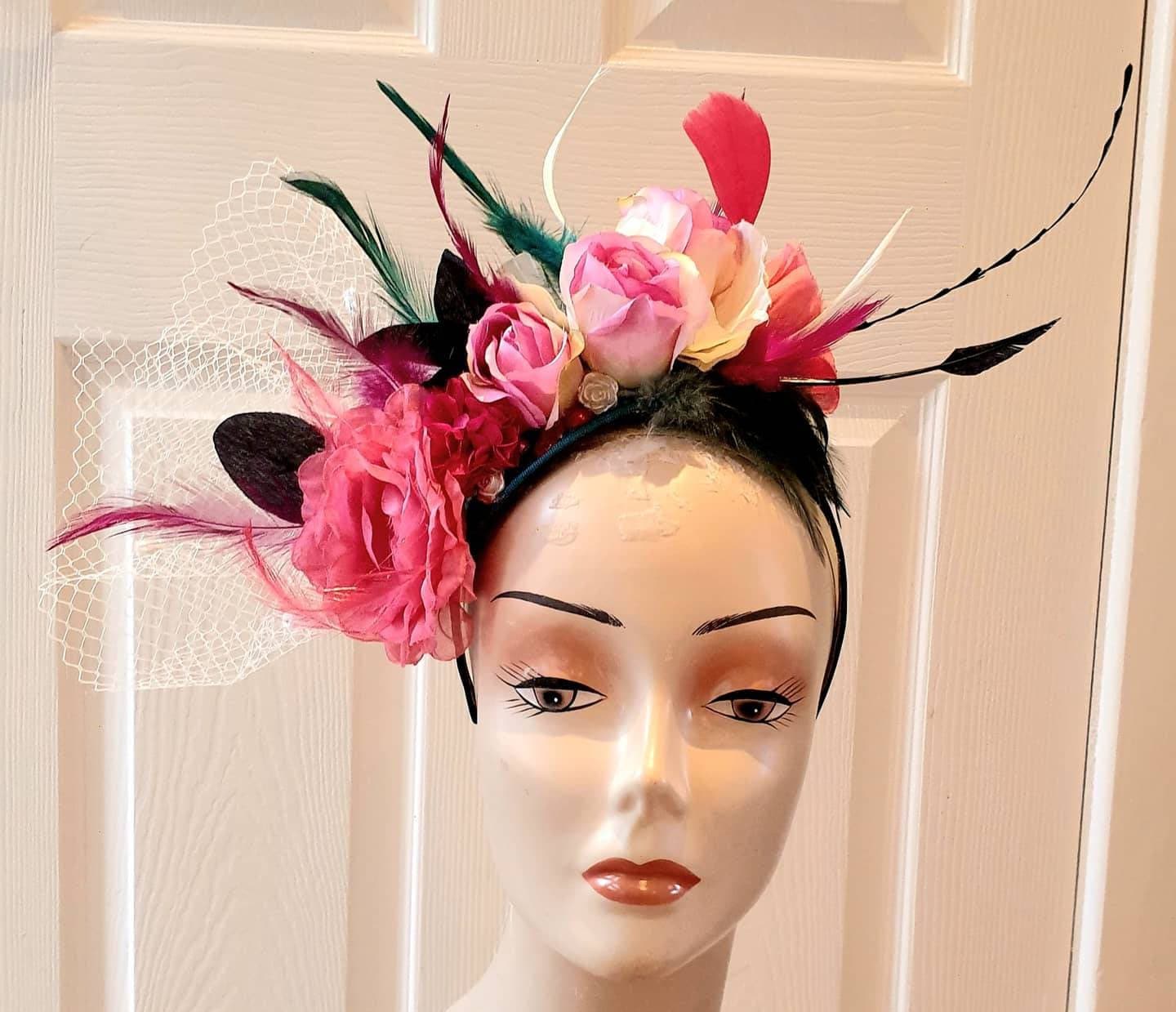 Pink teal black ivory Flower feather fascinator  Hat hatinator headpiece races Wedding Flower crown headband boho style womens