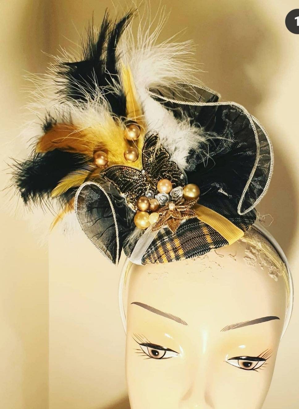 Black gold yellow white feather ruffle pillbox hat check luxury wool headband wedding races hair fascinator headpiece hatinator womens