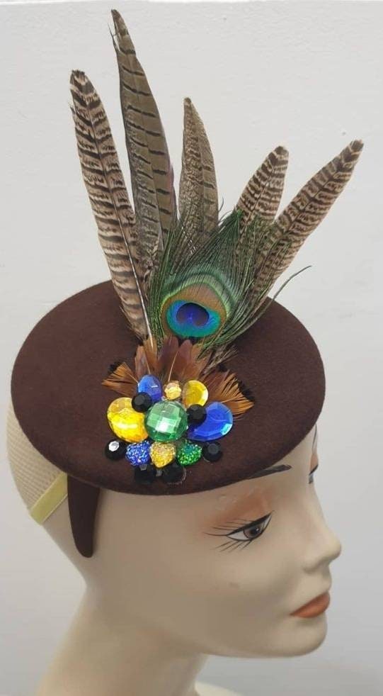 Chocolate brown blue green wool feather jewel pillbox hat peacock headband wedding races hair fascinator headpiece hatinator womens