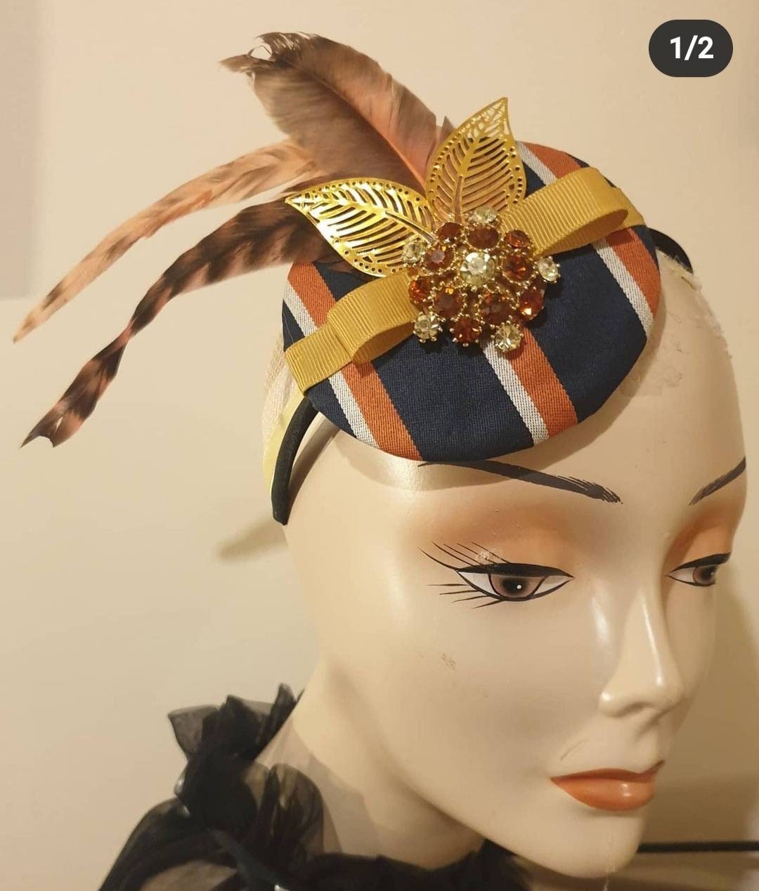 Navy ivory orange gold pillbox hat satin fascinator pheasant feathers headpiece hatinator races Wedding Equestrian headband womens