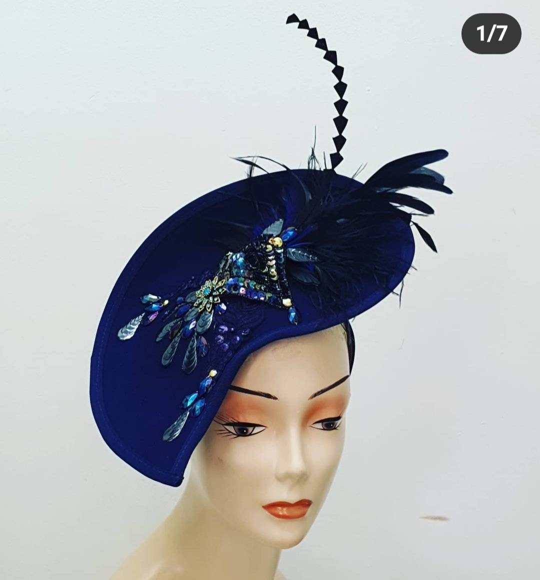 Navy jade teal black fascinator teardrop hat Luxury wool statement hatinator races Wedding headpiece fascinator band womens
