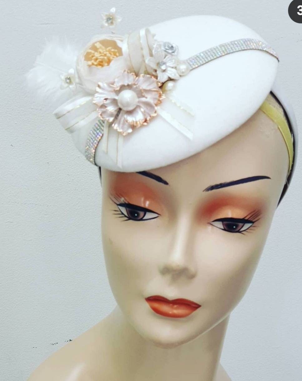 White gold flower piillbox hat wool button percher hatinator Vintage style bridal wedding races fascinator christening headpiece womens