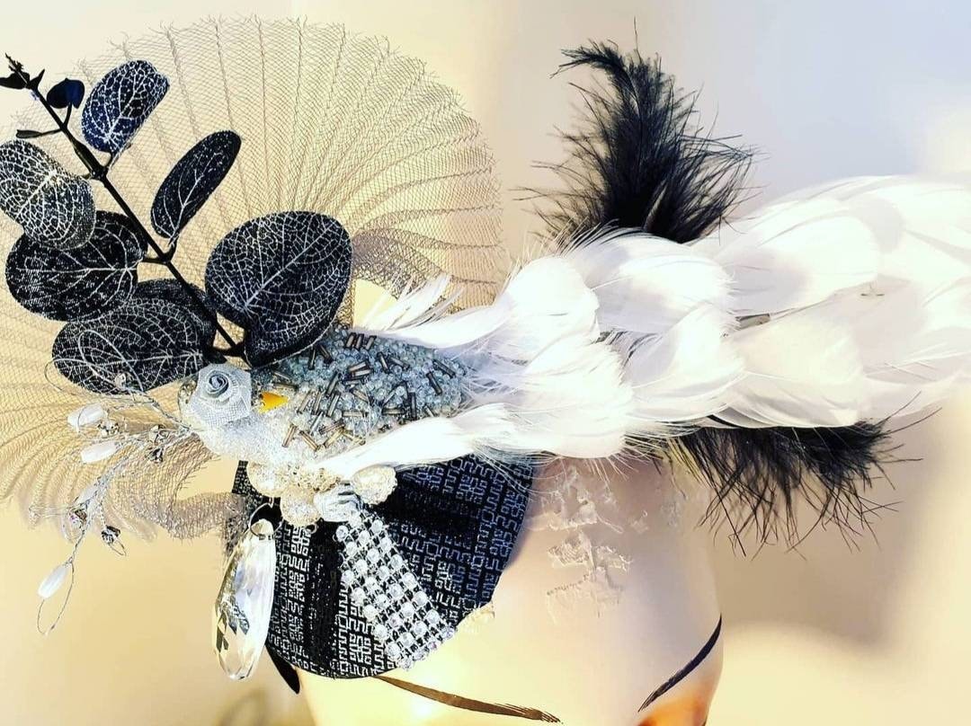 Black white Silver fascinator jewel feather bird Wedding races christening occasion hatinator pillbox hat vintage style headpiece womens