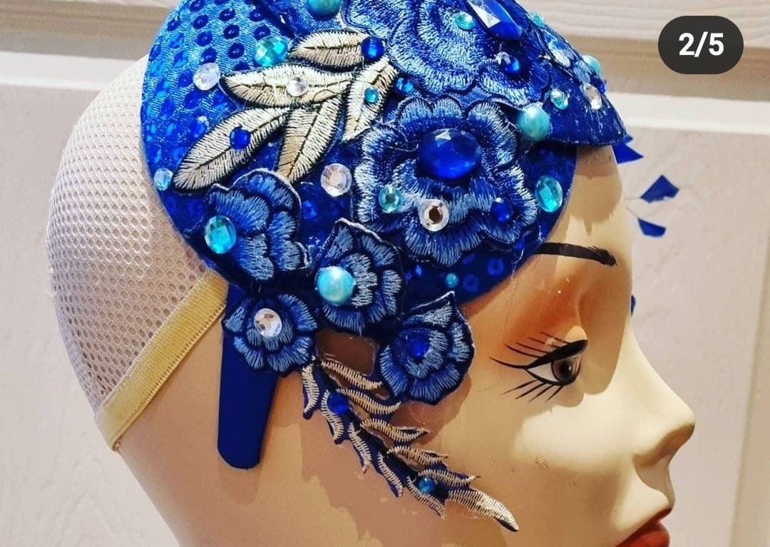 Electric blue royal turquoise feather fascinator flapper style sequin embroidery  diamante Hat headpiece races wedding headband womens