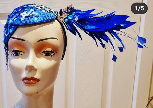 Electric blue royal turquoise feather fascinator flapper style sequin embroidery  diamante Hat headpiece races wedding headband womens