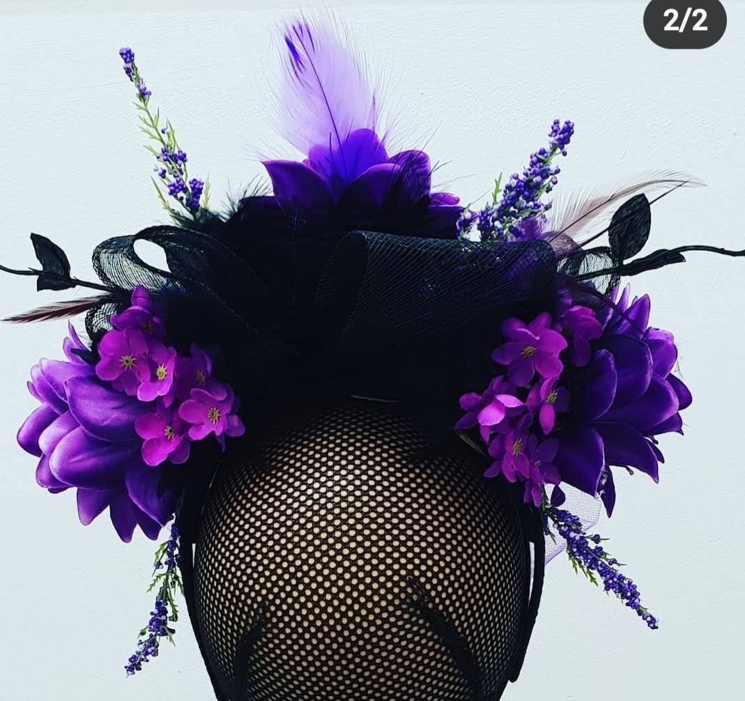 Purple black flower crown boho headpiece fascinator wedding races Halloween Dawn of the dead gothic veil band womens