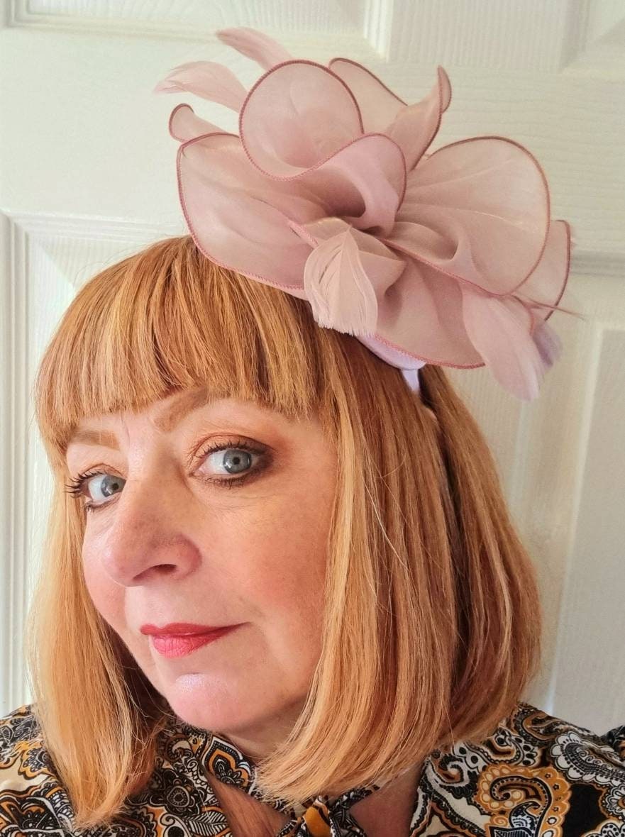dusky pink fascinator  organza ruffle feather headoiece Hat races wedding womens accessories