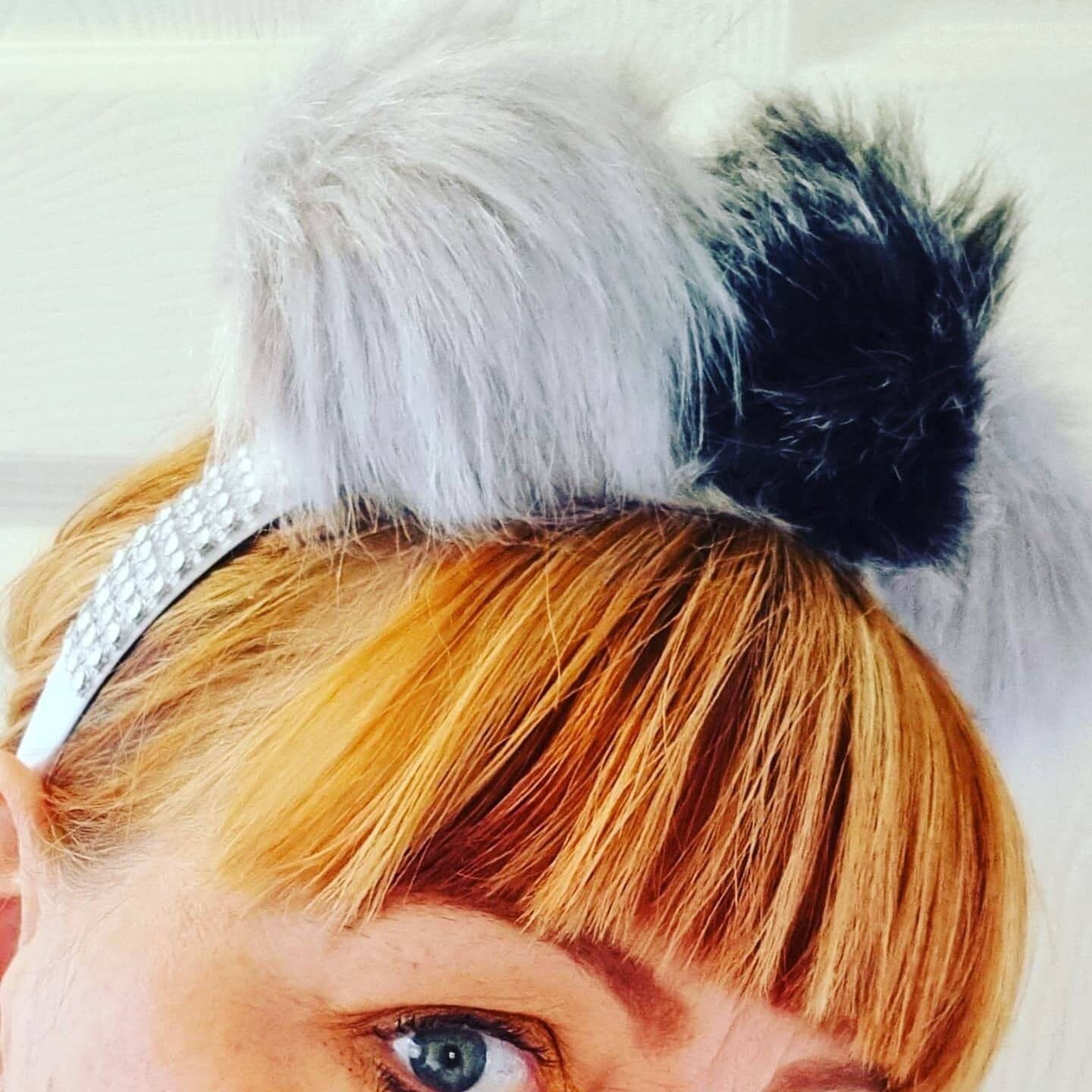 Black white grey fur pom pom headband fascinator womens winter accessories