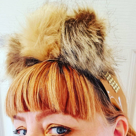 Camel brown beige gold pom pom winter fur headband diamante headpiece womens accessories