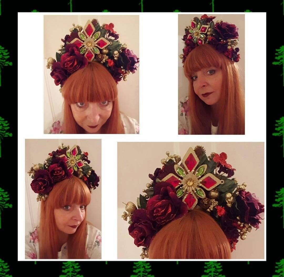 Red green gold flower crown Winter woodland wedding  boho bride hen party prombridesmaid headpiece womens accessories
