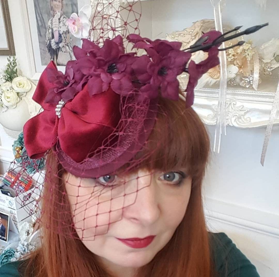 wine burgundy red flower pillbox hat veil satin band hatinator headpiece fascinator wedding races ascott womens
