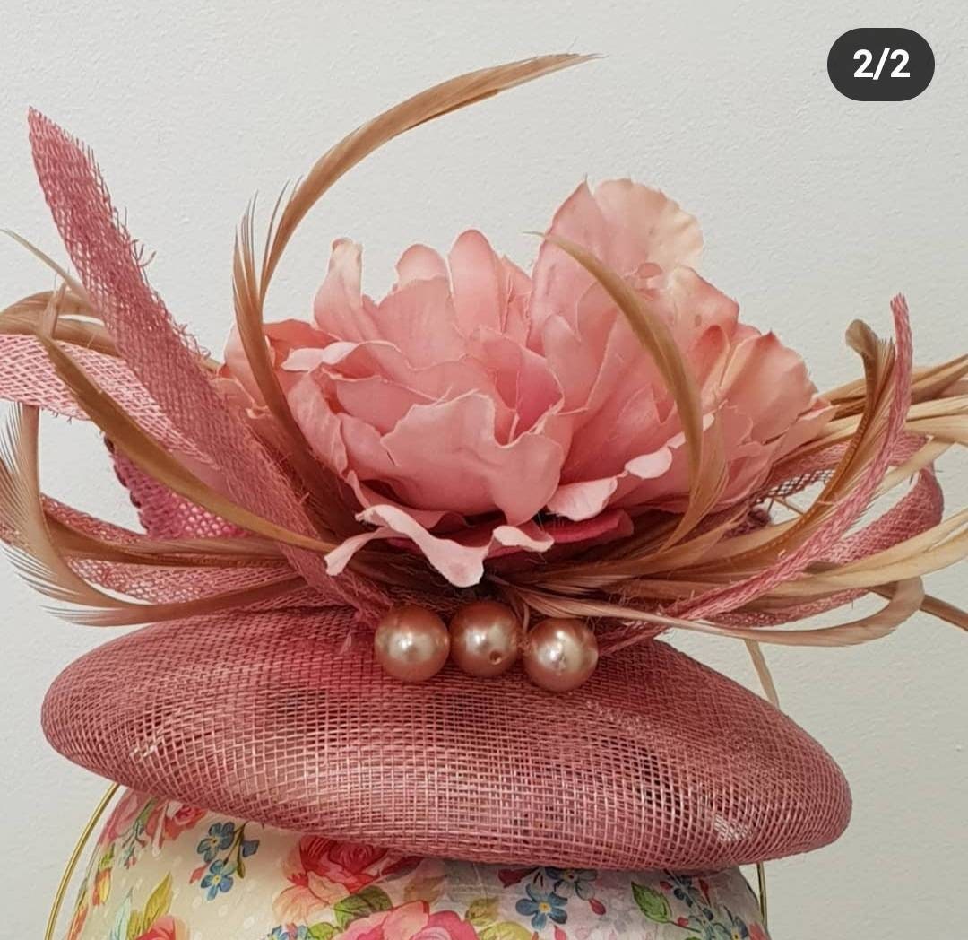 Dusky pink blush beige pillbox hat butterfly feathers sinanamay fascinator Hatinator headpiece band races.Wedding womens