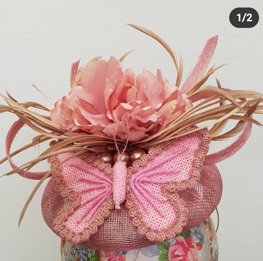 Dusky pink blush beige pillbox hat butterfly feathers sinanamay fascinator Hatinator headpiece band races.Wedding womens