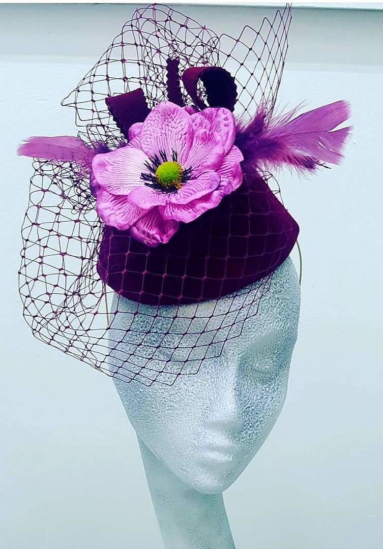 Magenta pink flower pillbox hat wool percher veil band headpiece hatinator wedding races womens