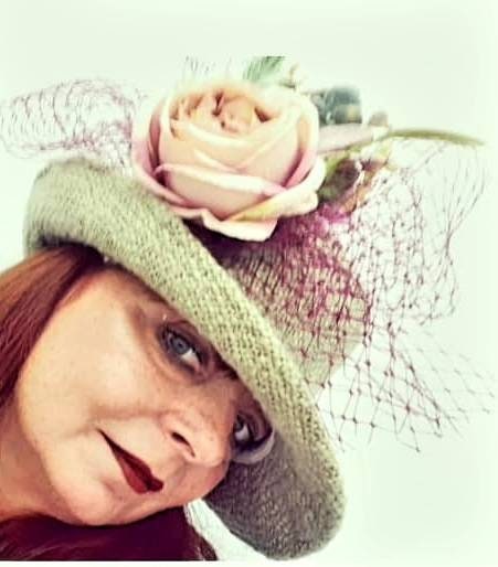 sage green pink magenta flower hatinator boucle wool hat vintage style flowers veil feathers wedding races womens