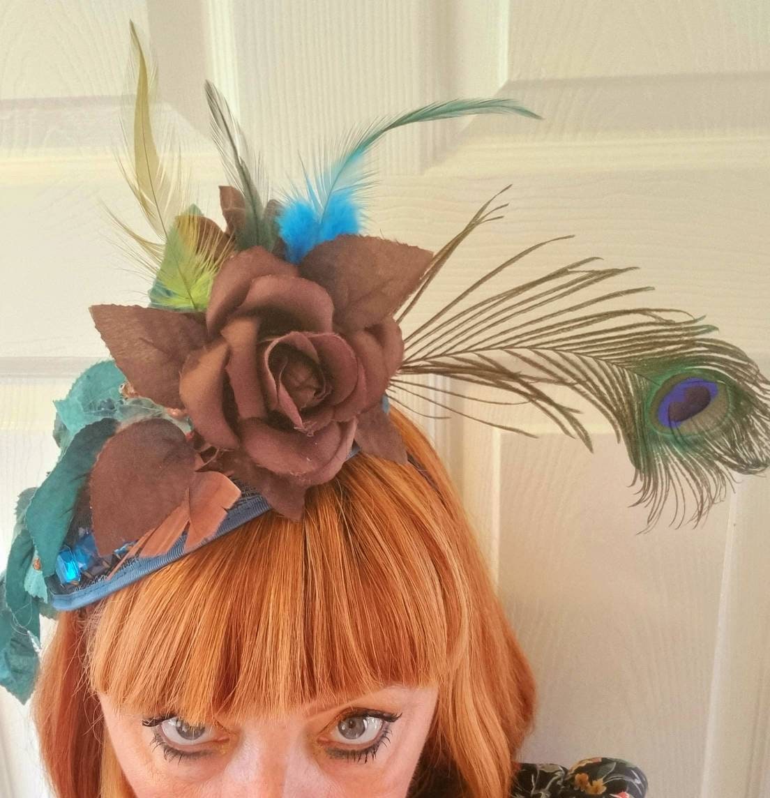 Brown teal green peacock flower  fascinator sinamay Hat hatinator races wedding ascott headpiece womens