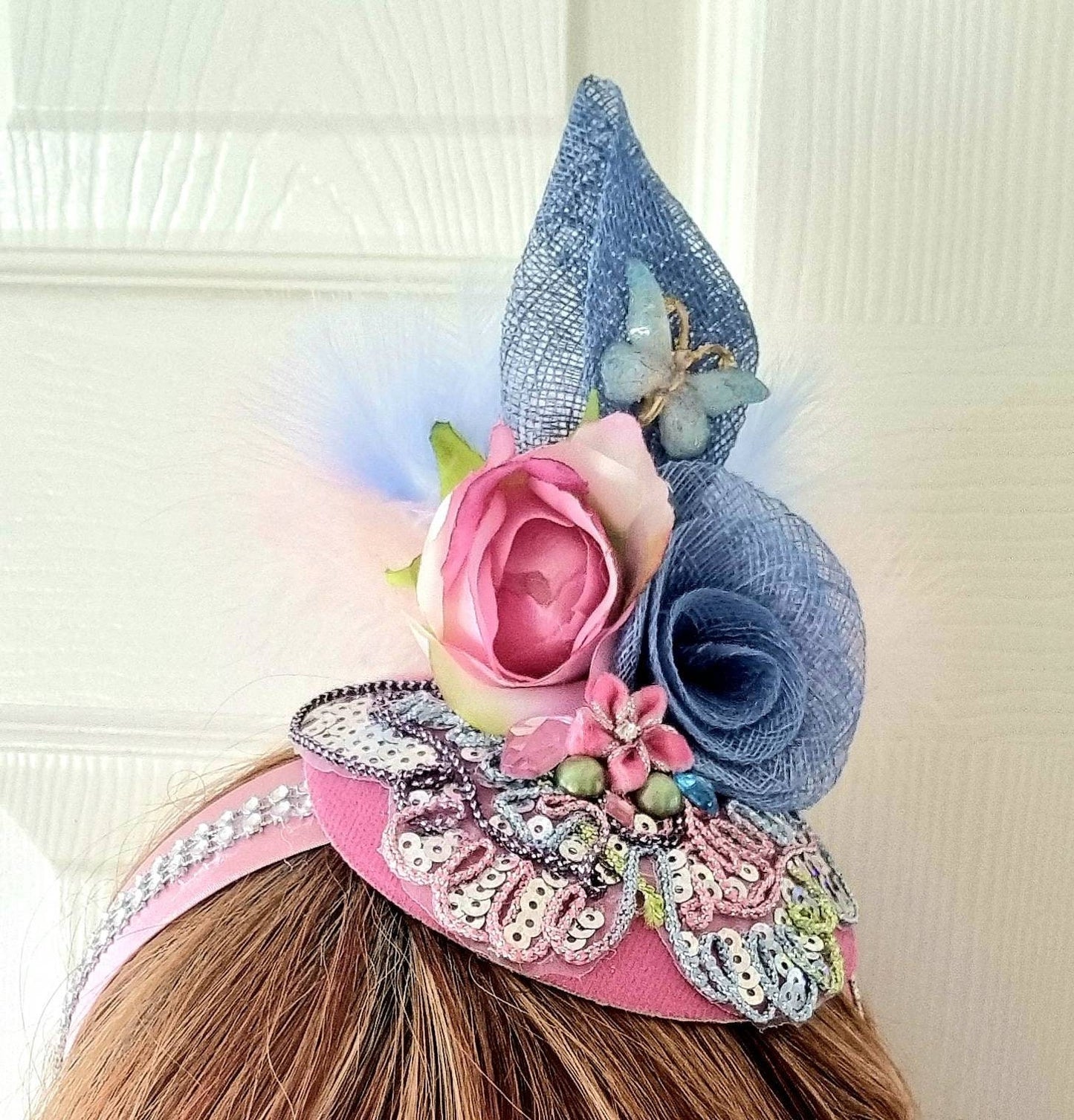 blue pink lemon flower butterfly fascinator sinamay headpiece Wedding races womens