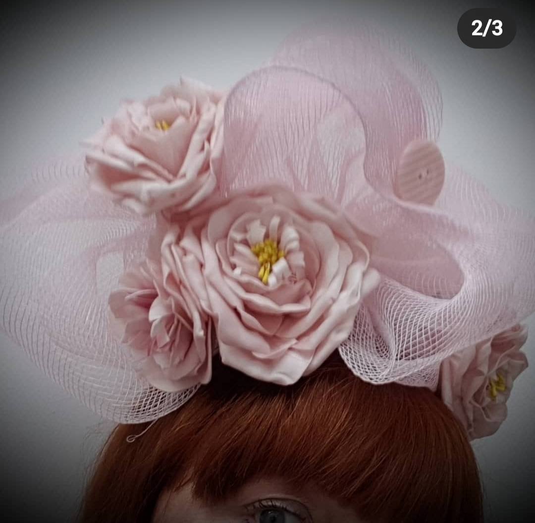 Pastel pink Flower fascinator net headpiece band hatinator.Hat races. Wedding womens accessories