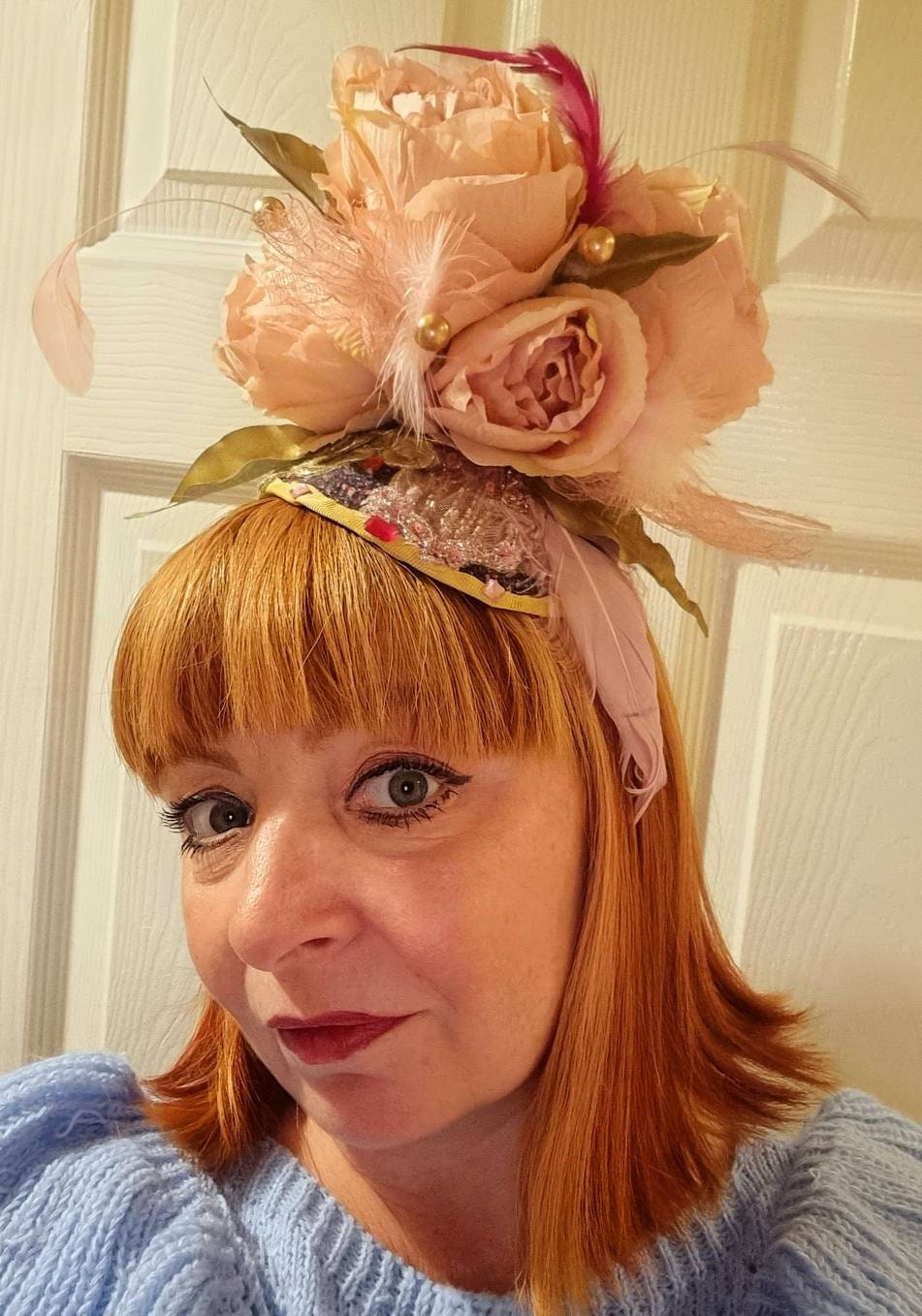 Blush pink sage green Flower fascinator Vintage look wool brocade hatinator headpiece peonies Hat races wedding women