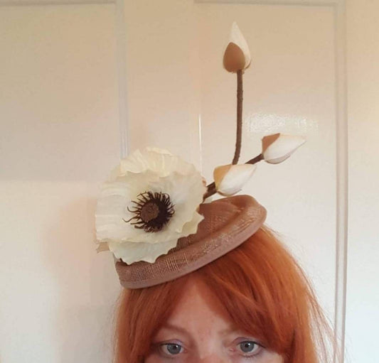 Mocha  brown ivory chocolate Flower fascinator sinamay hatinator Hat races Wedding pillbox hat headpiece womens