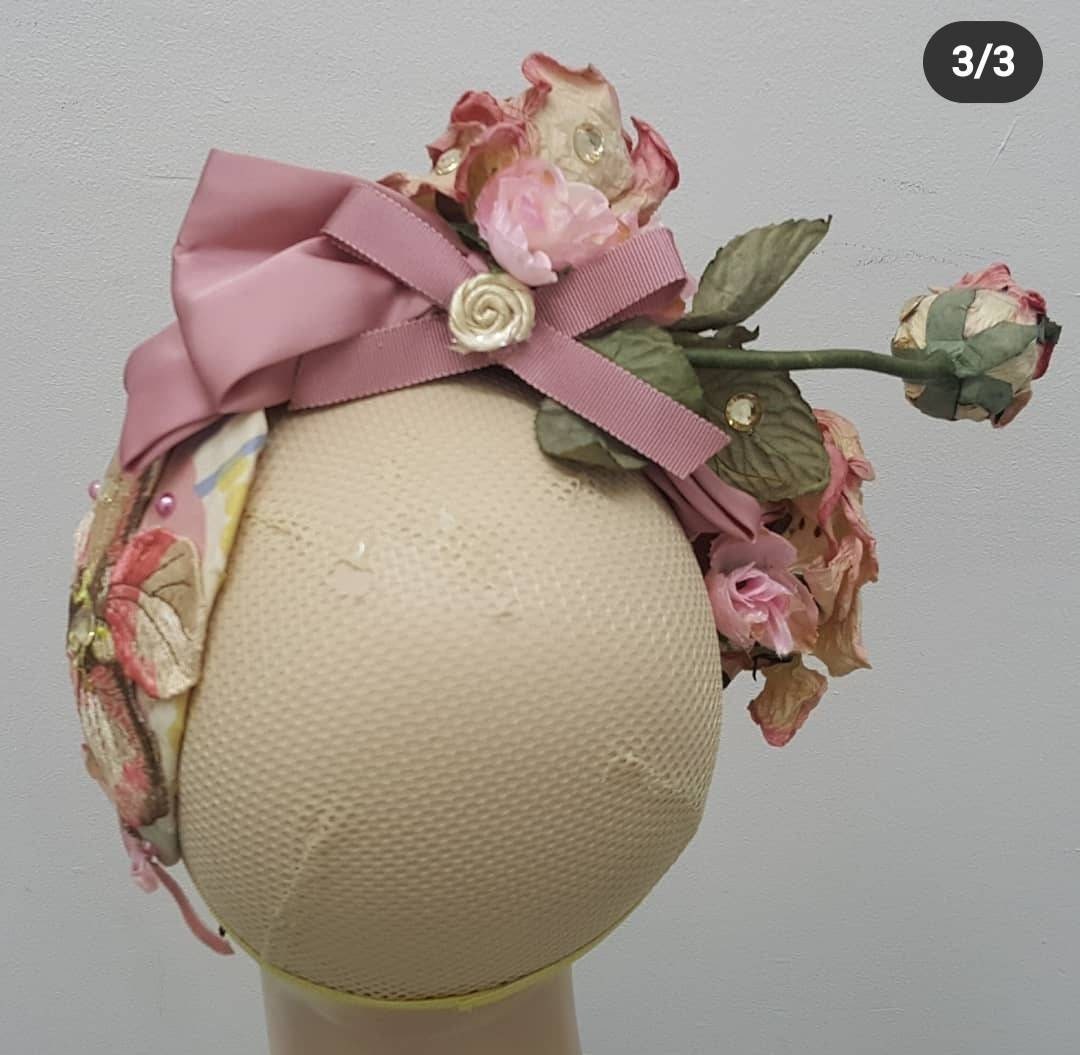 Dusky pink cream flower headpiece vintage look fascinator Rose headband wedding races womens