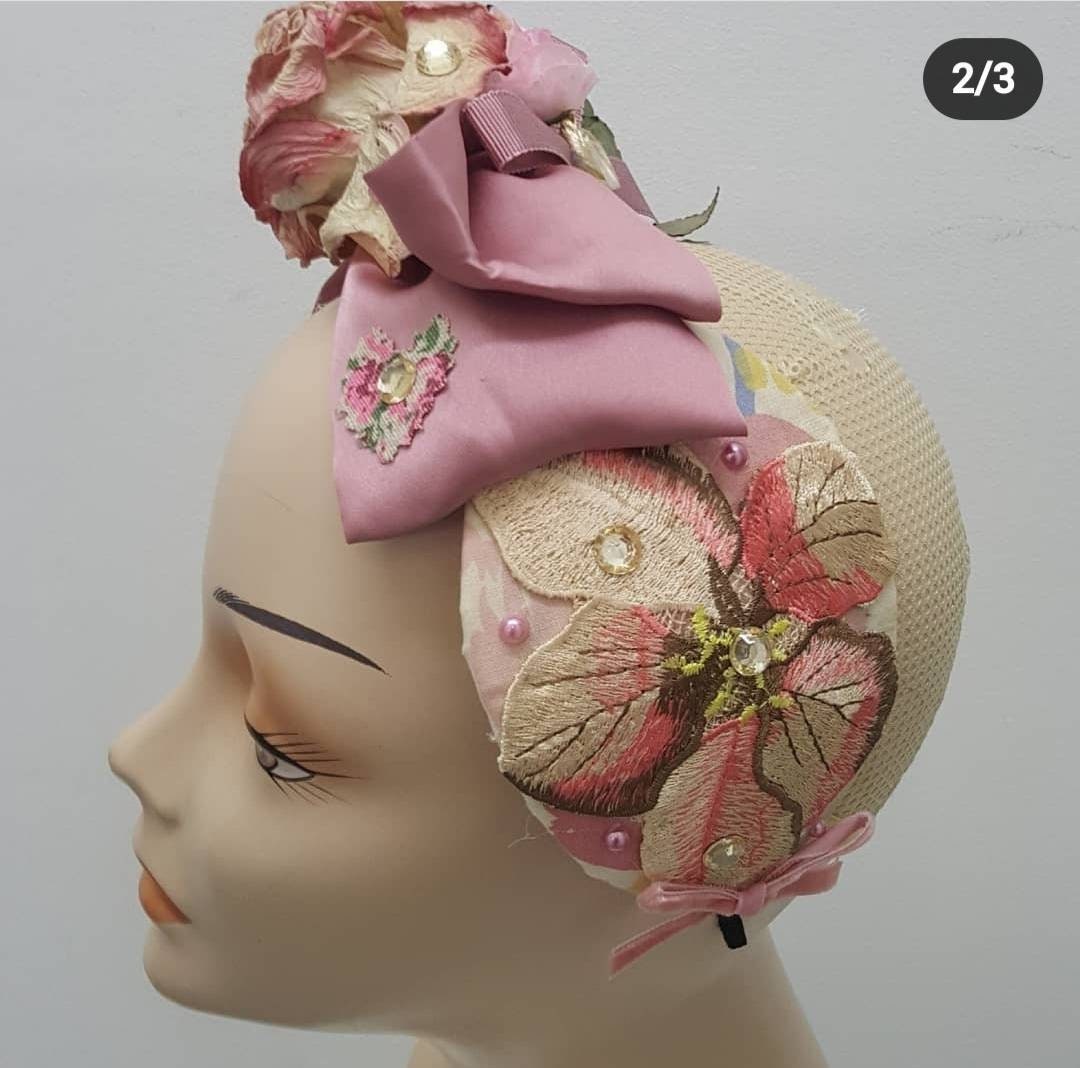 Dusky pink cream flower headpiece vintage look fascinator Rose headband wedding races womens