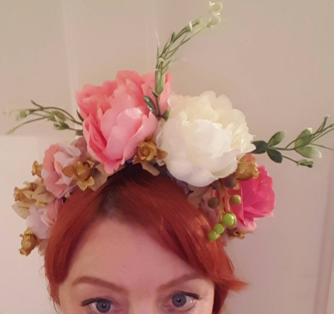 Pink ivory goldl boho flower crown fascinator headpiece Woodland wedding races hen party bridesmaid, prom womens