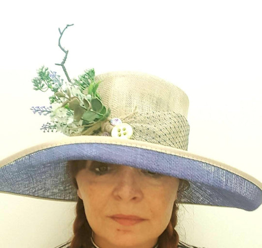 purple blue cream green flower hat brimmed  statement hatinator corsage net leaves races wedding ascott christening womens