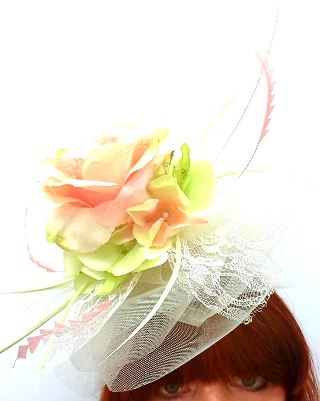 green white peach flower hatinator fascinator headpiece Hat lace feathers net races Wedding womens