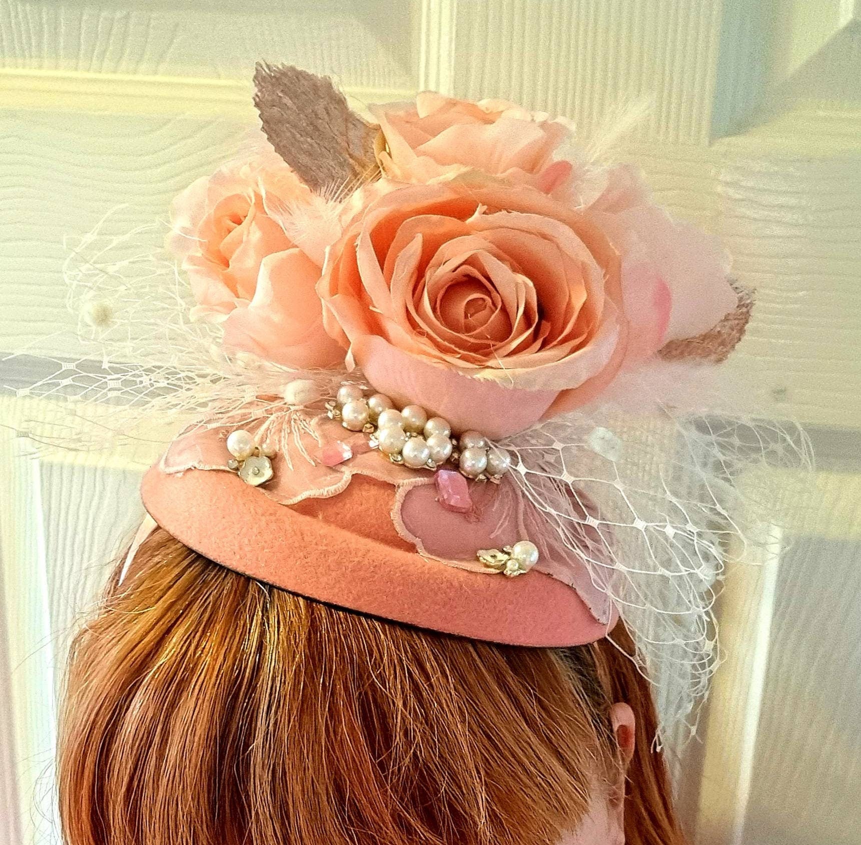 Hotsell Peach Rose veiled headpiece