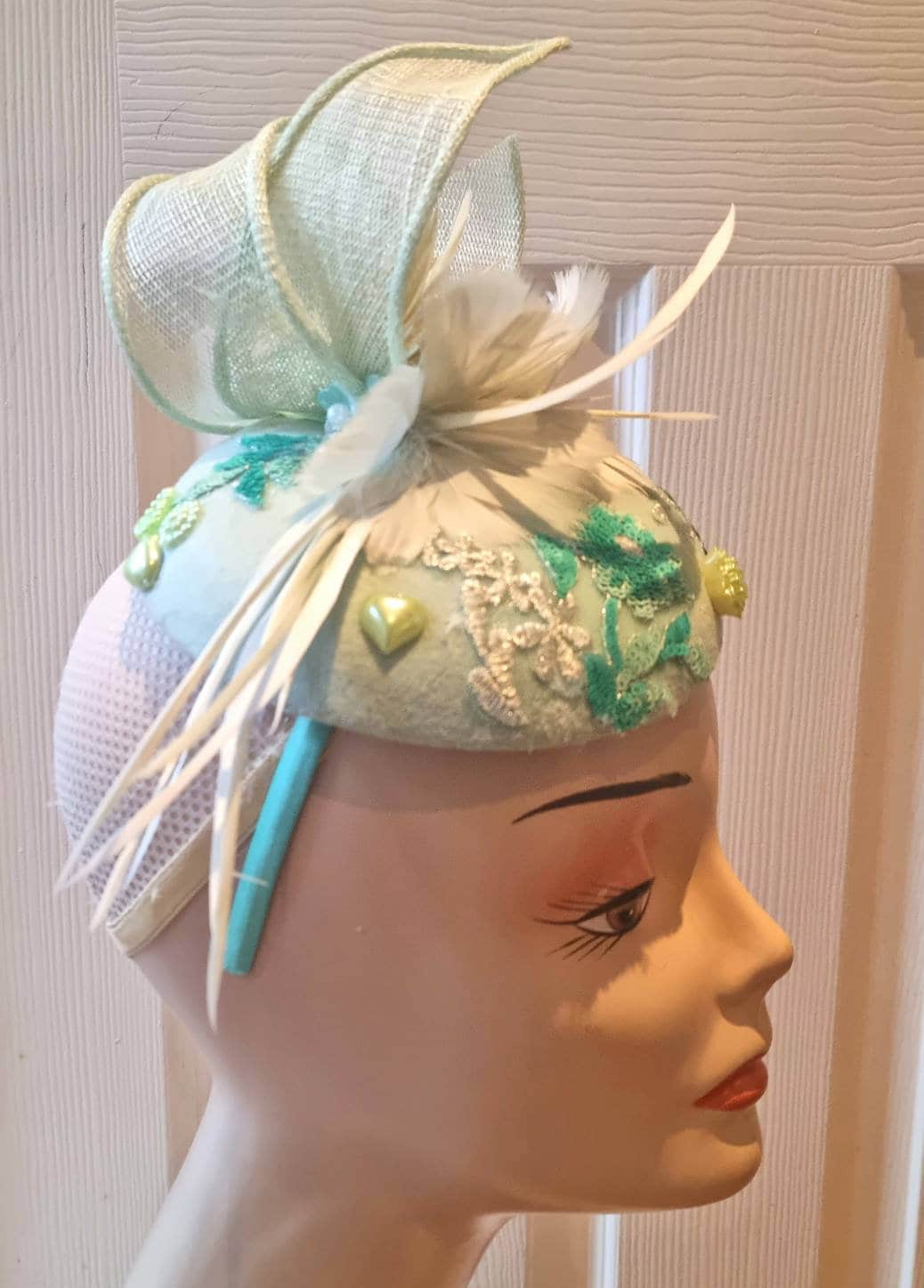 Mint ivory  jade green Button percher  pillbox hat hatinator beads embroidery feathers races wedding vintage style womens accessories