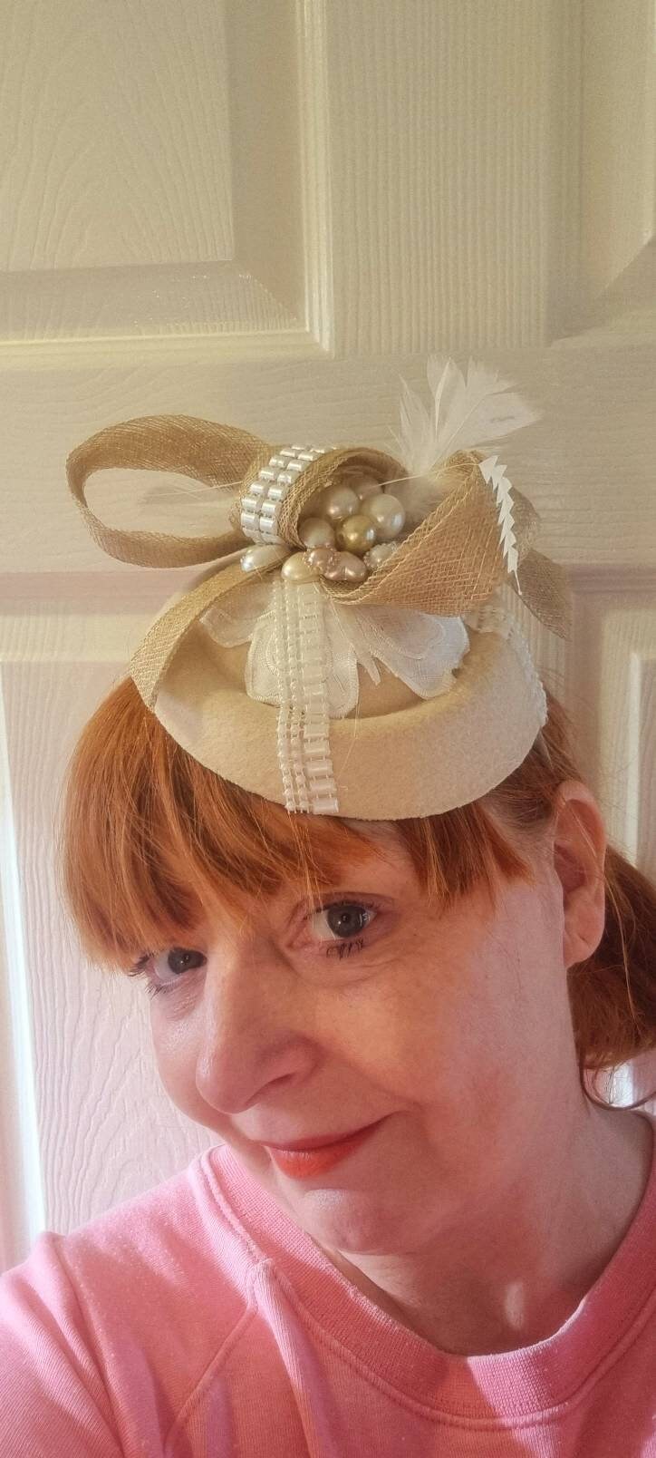 Cream ivory pillbox hat Fascinator wool pearl percher feathers Vintage style occasionwear hatinator races wedding womens accessories