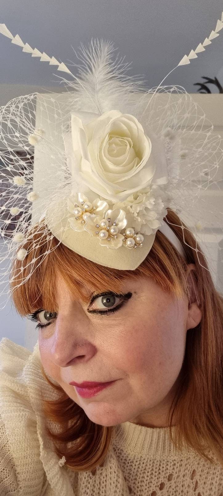 ivory cream flower fascinator net veil band headpiece hatinator wedding races bride womens