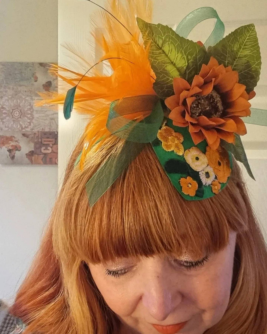 green orange sunflower flower fascinator wool hatinator Hat headpiece band races Wedding womens