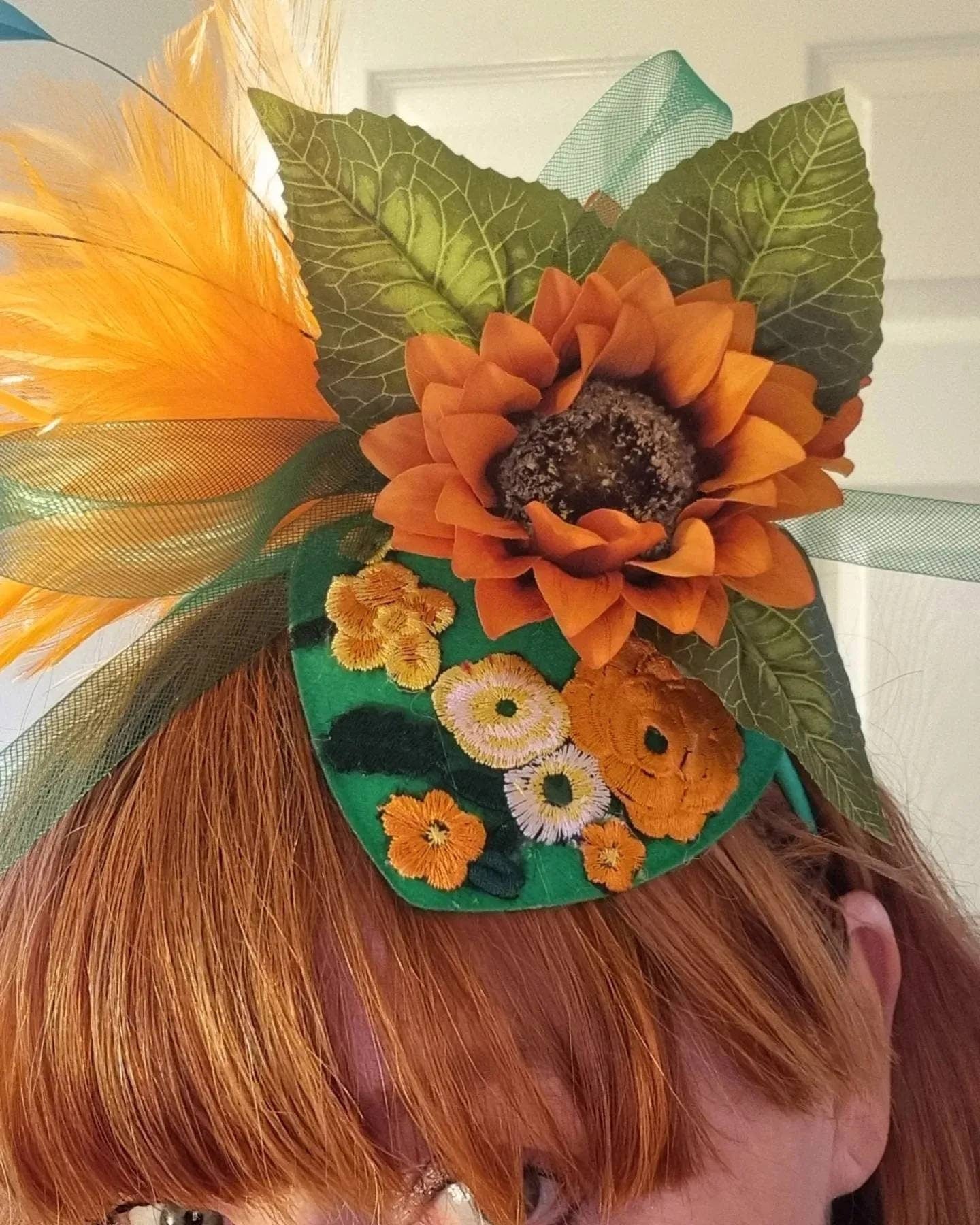 green orange sunflower flower fascinator wool hatinator Hat headpiece band races Wedding womens