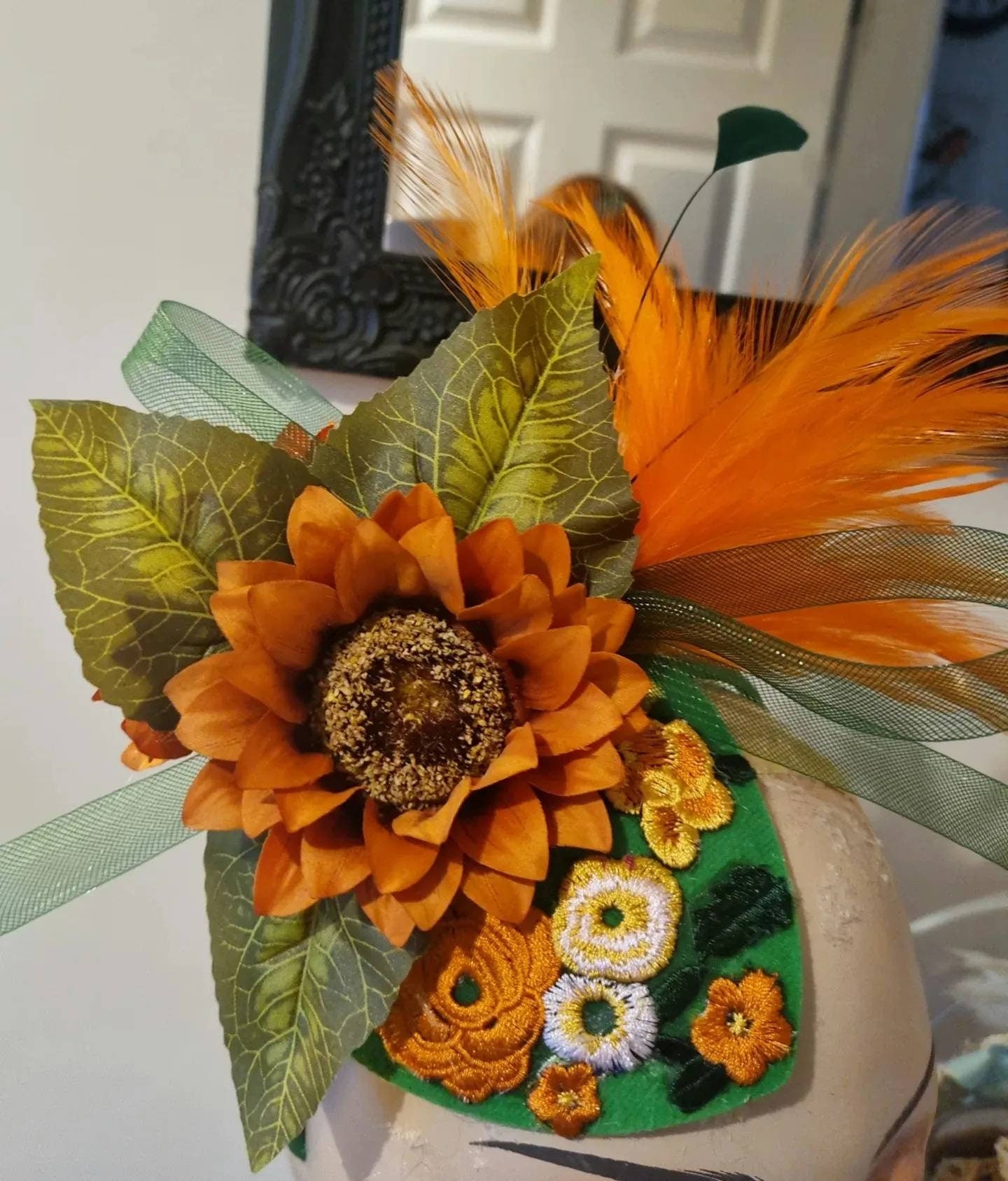 green orange sunflower flower fascinator wool hatinator Hat headpiece band races Wedding womens