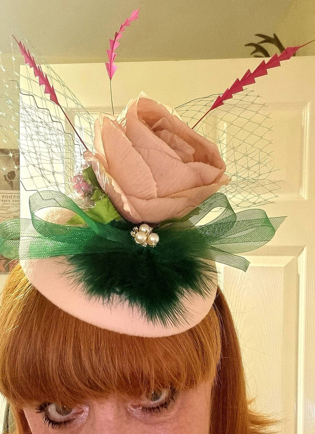 Forest green nude pink Flower fascinator  Llwool percher pillbox hat in forest Vintage style hatinator headpiece band races Wedding womens