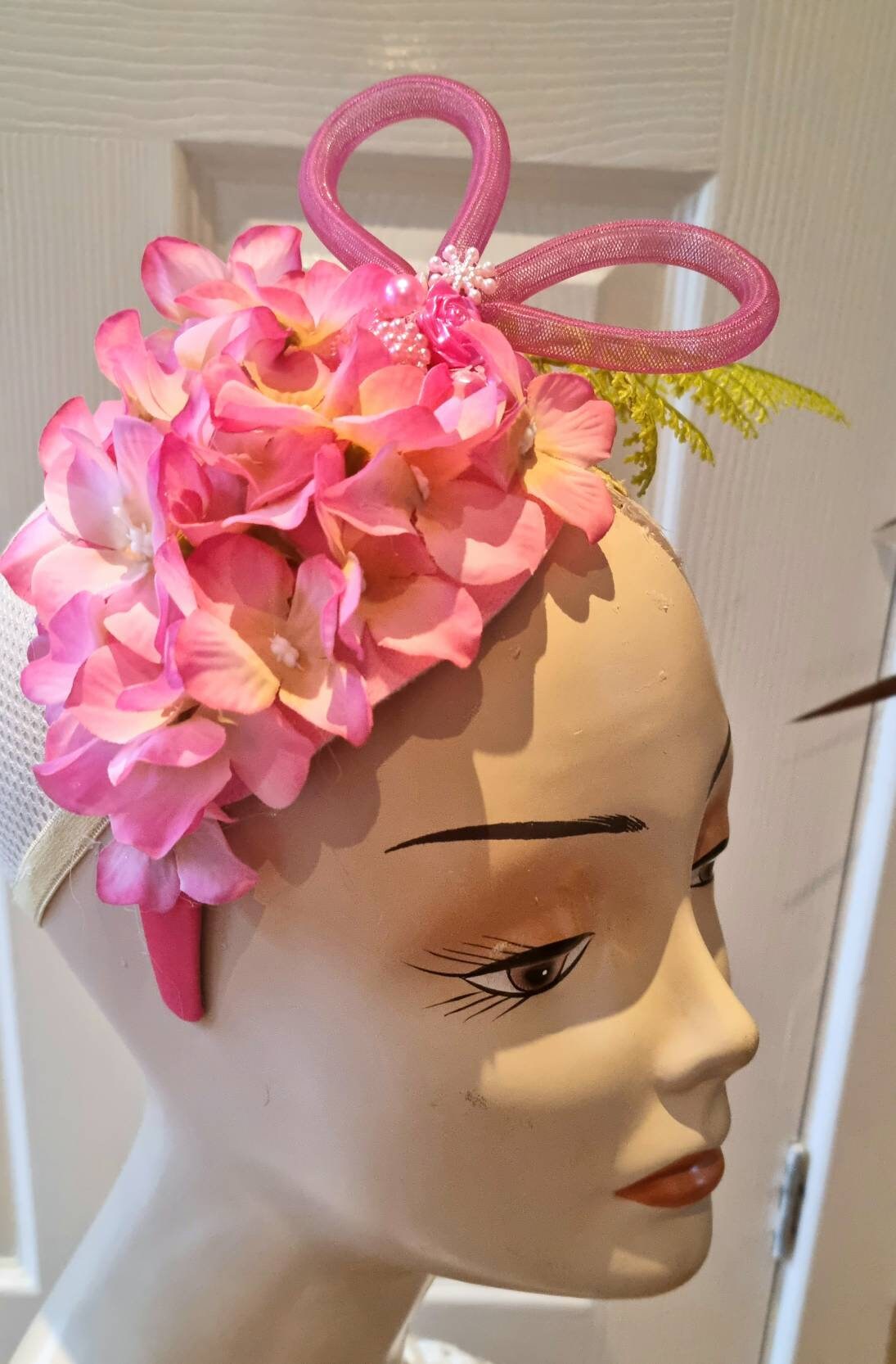 Hot Pink pale pink lime flower fascinator hydrangeas vintage style. Bridesmaid headpiece races wedding womens accessories