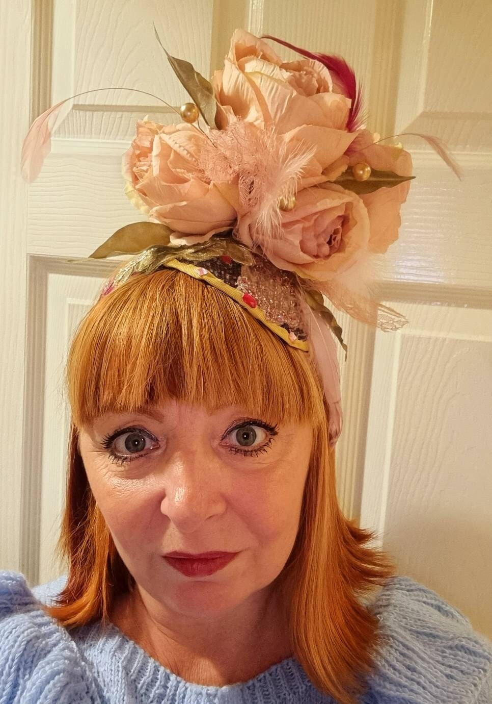 Blush pink sage green Flower fascinator Vintage look wool brocade hatinator headpiece peonies Hat races wedding women