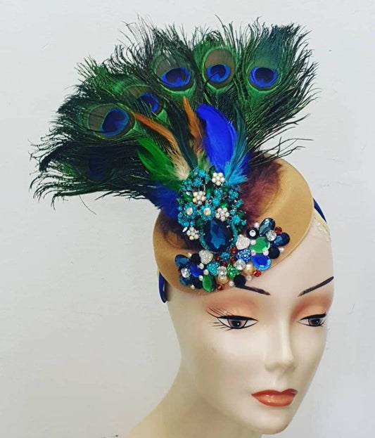 Blue green diamante Peacock feather statement wool pillbox hat  races Wedding hatinator Equestrian headpiece fascinator headband womens
