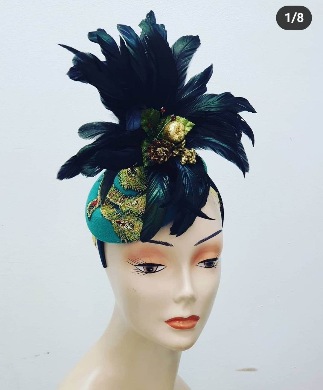 Green gold feather pillbox hat fascinator headpiece wool headband wedding races hair fascinator headpiece hatinator equestrian womens