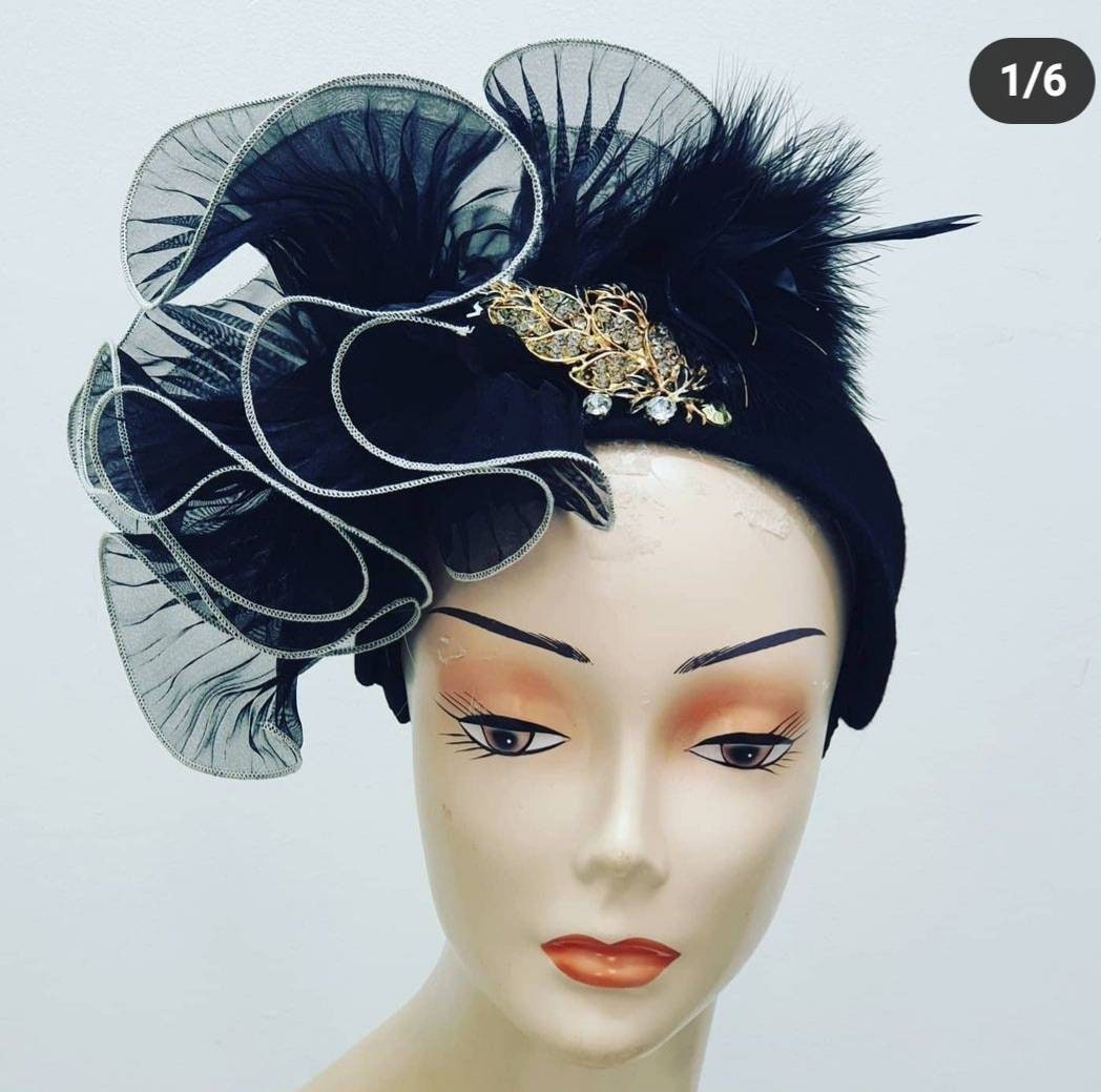 Black white fascinator wool duchy frill headpiece Hat races Wedding  Statement headpiece hatinator headband womens