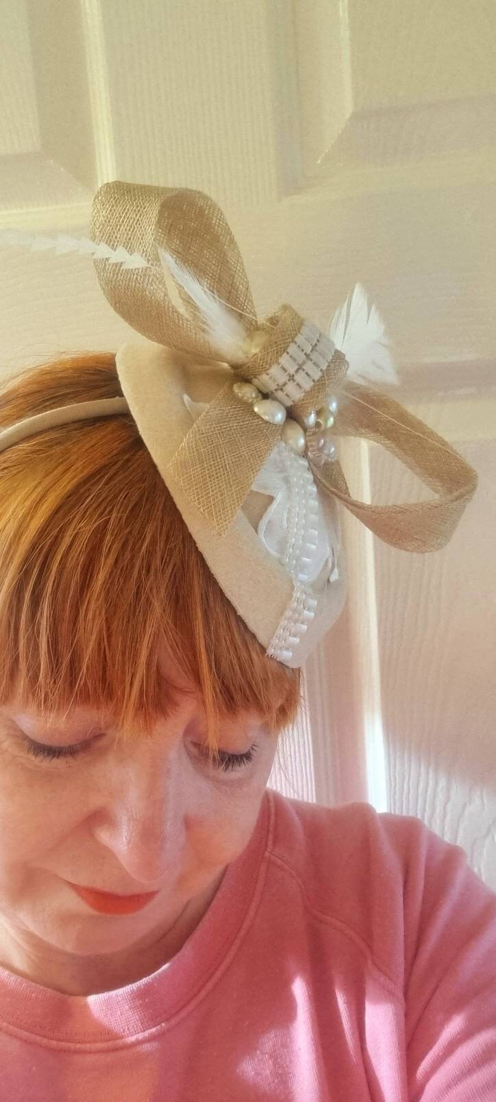 Cream ivory pillbox hat Fascinator wool pearl percher feathers Vintage style occasionwear hatinator races wedding womens accessories