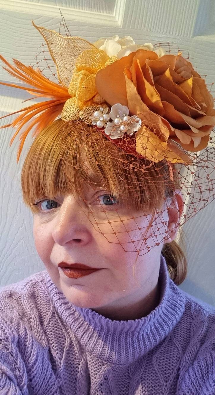 Orange rust ivory Flower fascinator headpiece flower crown boho veil Hat  races.Wedding headband womens