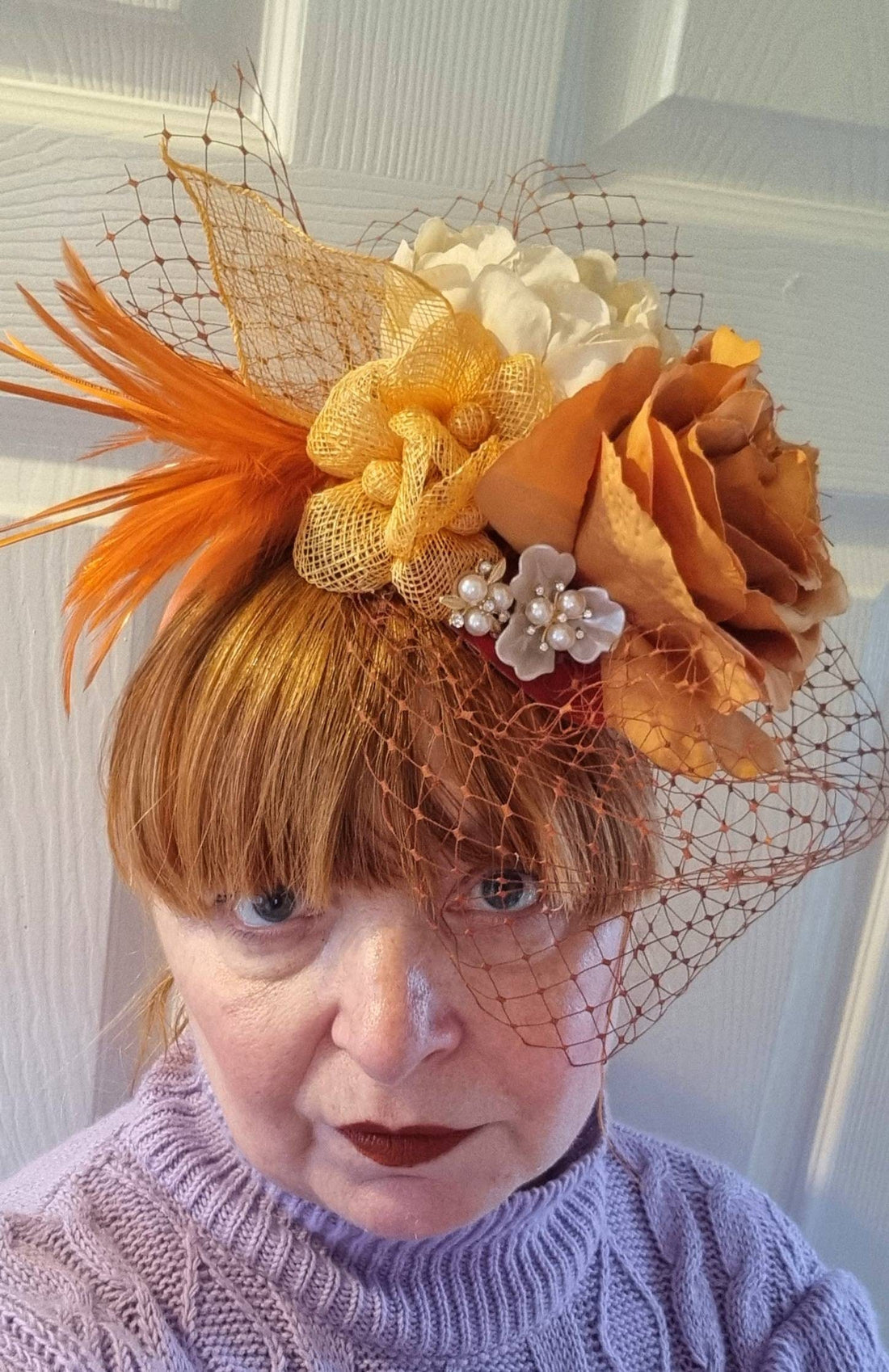 Orange rust ivory Flower fascinator headpiece flower crown boho veil Hat  races.Wedding headband womens