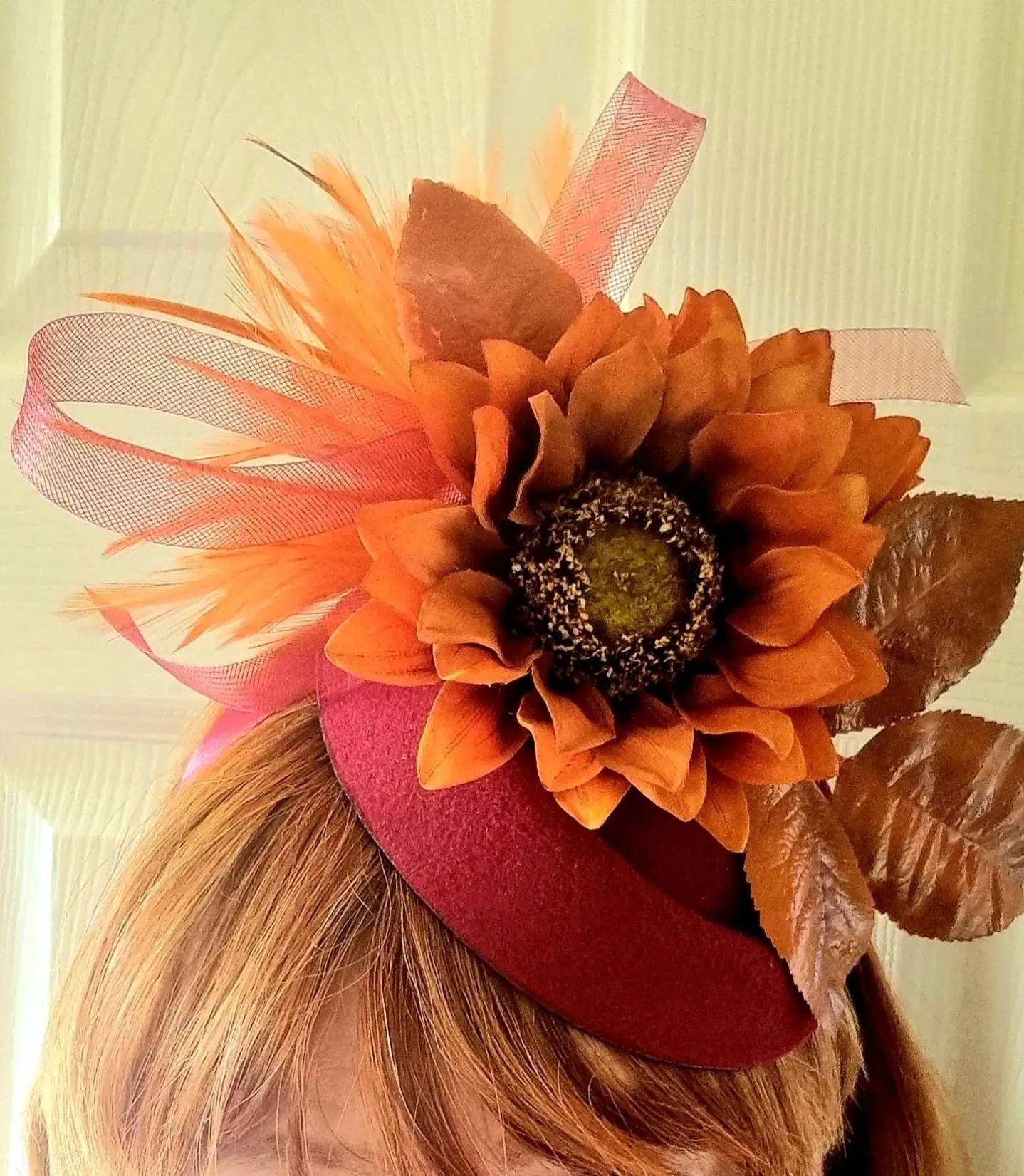 Red russet and burgundy orange flower wool pillbox hat sunflowers band headpiece hatinator wedding races Flower fascinator womens