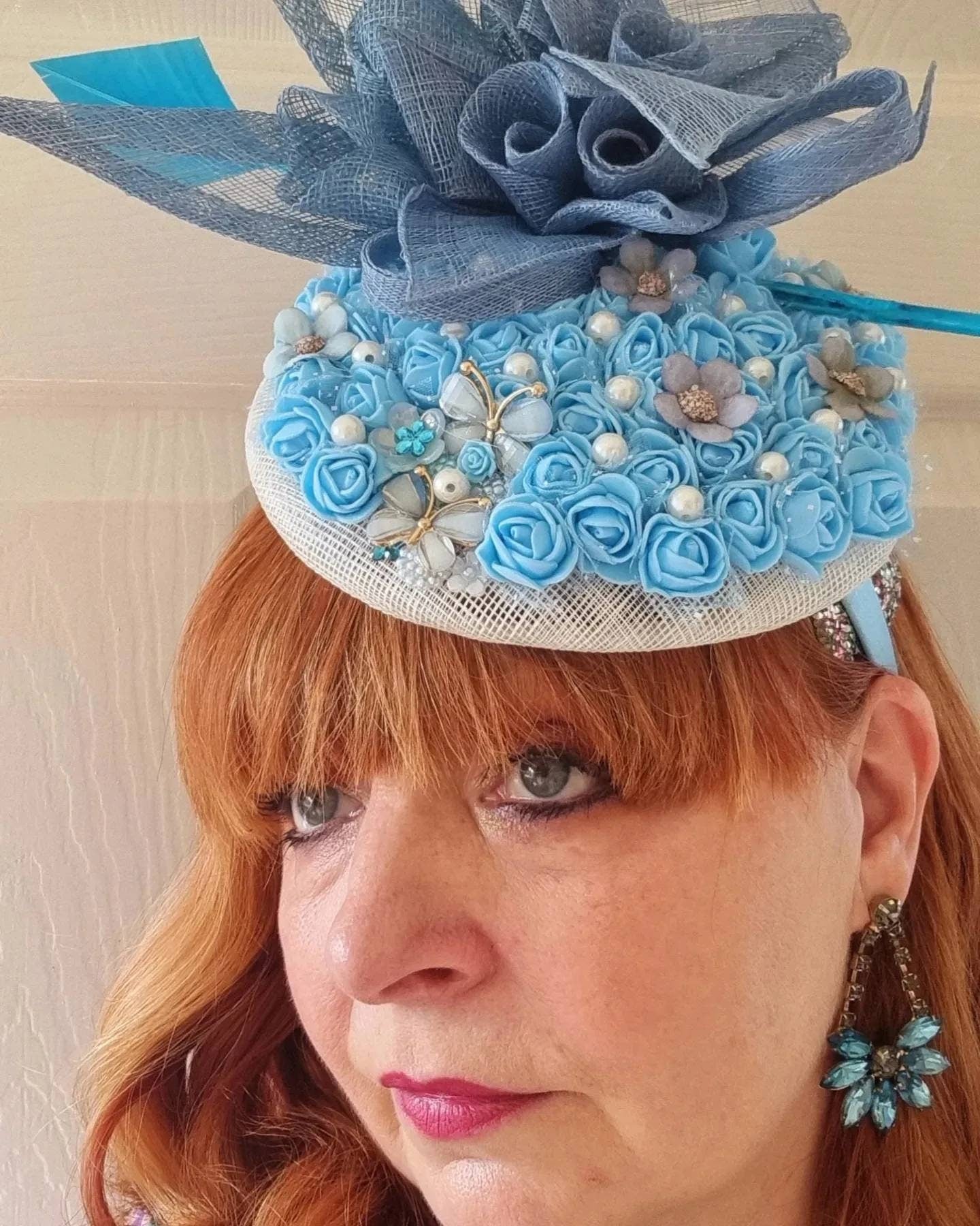 Blue ivory Flower fascinator button sinamay percher pillbox hat Wedding  Races christening mother of the bride headpiece hatinator womens