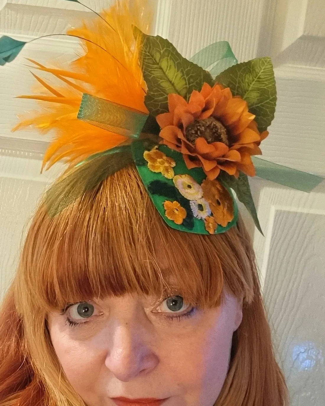 green orange sunflower flower fascinator wool hatinator Hat headpiece band races Wedding womens